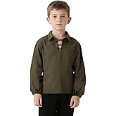 Kids Medieval Lace-Up Neck Shirt Long Sleeve Wide Cuffs Boys Renaissance Pirate Top Halloween Costume