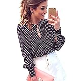 Weixinbuy Women Casual Chiffon Crew Neck Long Sleeve Blouses Polka Dots Shirts