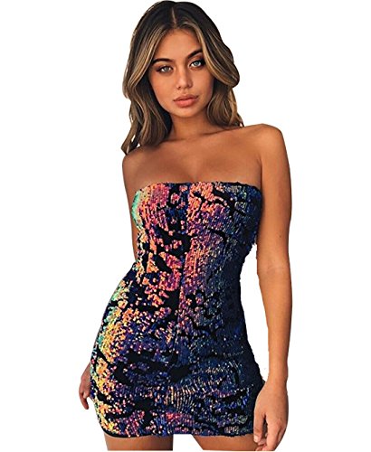 YOLI Womens Sexy Sequin Glitter Bodycon Dress V Neck Backless Stretchy Mini Dresses Clubwear