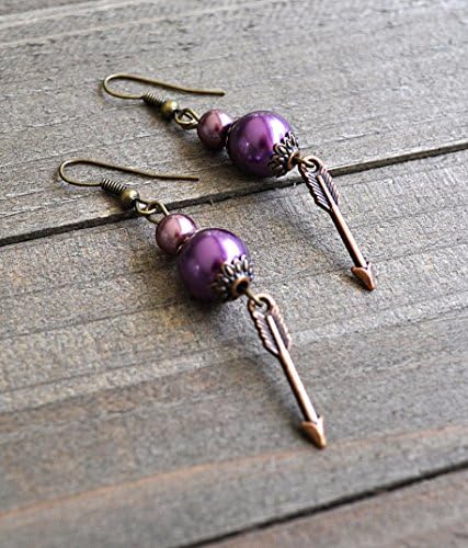 Arrow Earrings Bronze &amp; Copper With Purple Glass Pearls Design Artisan Arrow Earrings Swarovski Glass Pearl Beads