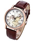 Top Plaza Unisex Roman Numerals World Map Watch Antique Bronze Case Brown PU Leather Band Quartz Watch