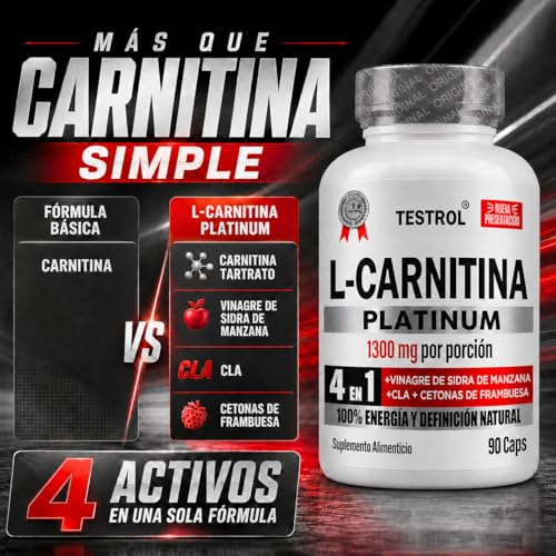 L Carnitina, Platinum 1300mg por porción | 4 en 1 | Carnitina Tartrato, Vinagre de Manzana Organico, Cla y Cetonas de Frambuesa | Pre Workout | Para Hombres y Mujeres, Testrol L-Carnitina 90 Cápsulas
