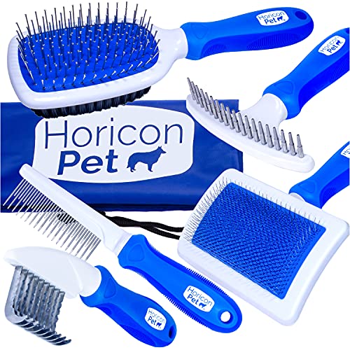 Horicon Pet 6 In 1 Premium Dog Brush Set - Dog Grooming Brushes - Ball Pin & Bristle Brush, Curved Blade Dematting Comb…