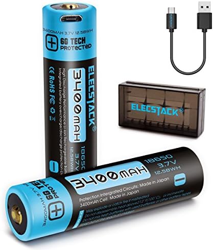 18650 Battery, ElecStack 3400mAh Micro USB Rechargeable Batteries for High Drain Devices, with High Performance Protected Circuit