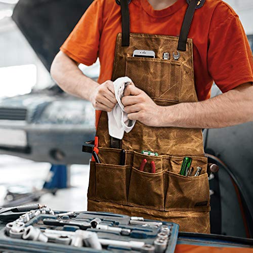 LuBanSir Waxed Canvas Apron, Heavy Duty Woodworking and Machinist Shop Apron with Tool Pockets & Hammer Loops for Men and Women