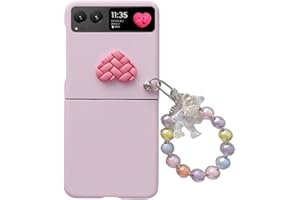 AULZAJU for Motorala Razr 2023 Case for Women Girls with Beaded Wrist Strap,Moto Razr 2023 Phone Case Cute Heart Design Forsted PC Back Soft Silicone Bumper Girly Cover with Bear Bracelet Lanyard Pink