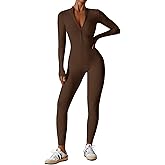 ECUPPER Women Long Sleeve Bodycon Jumpsuits Workout Zip Up Unitard One Piece Full Bodysuits Sexy Yoga Rompers Pants