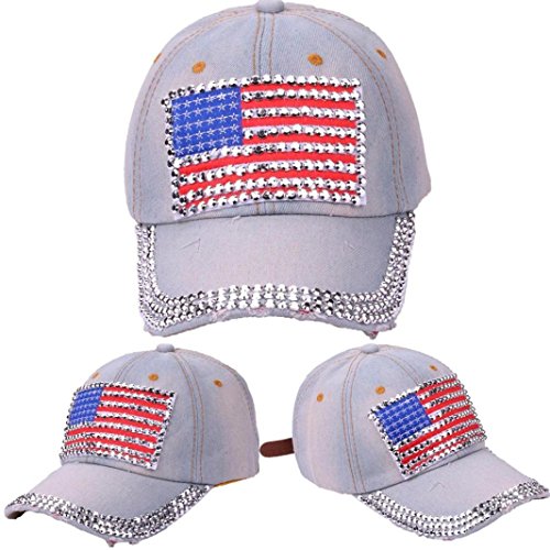Paymenow Classic Women Baseball Cap American Flag Print Rhinestone Adjustable Denim Ball Golf Tennis Sun Protected Hat Fashion Trucker (A) - Thumbnail 2