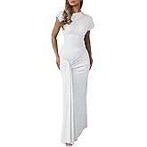 Mojessy Women Bodycon Maxi Dress Sexy Mock Neck Lace Up Bandage Ruched Short Sleeve Long Dress Cocktail Dress