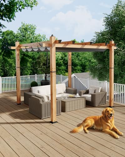 KYBOLT 10x10 Ft Outdoor Pergola Aluminum Pergola with Retractable Canopy Wood-G…