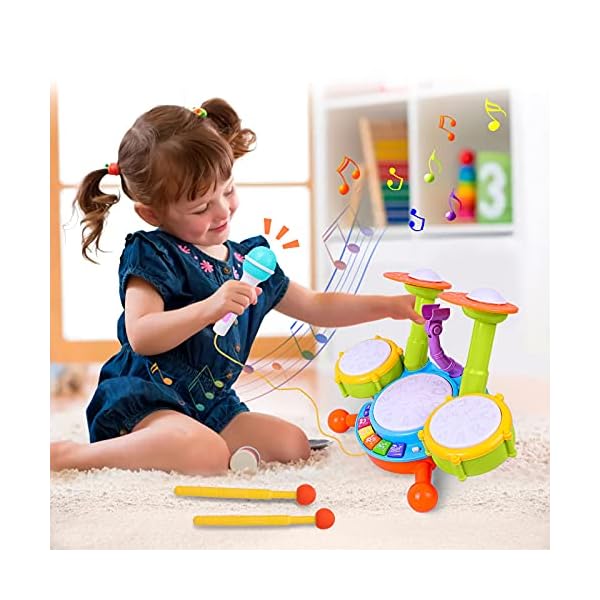 Kids Drum Set, Rabing Electric Musical Instruments Toys with 2 Drum Sticks, Beats Flash Light and Adjustable Microphone…