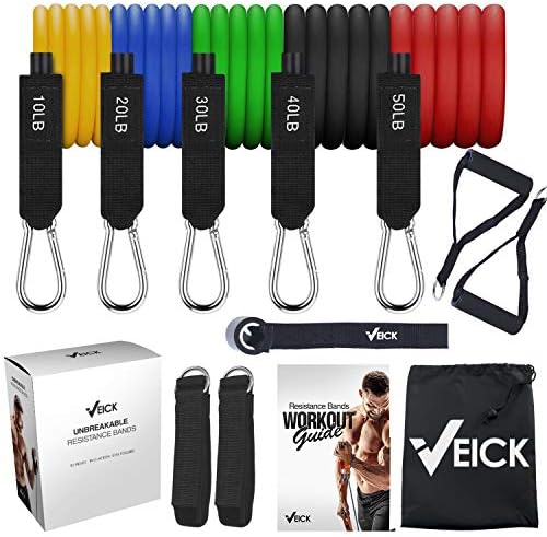 Veick Resistance Bands Set – Include 5 Stackable Exercise Bands with Door Anchor Attachment, Legs Ankle Straps, Portable Carry Bag and Bonus eBook – 100% Life Time Guaranteed