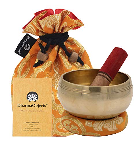 DharmaObjects Medium ~ Tibetan OM MANI Singing Bowl Set ~ With Mallet, Brocade Cushion & Carry Bag ~ For Meditation, Chakra Healing, Prayer, Yoga (Yellow)