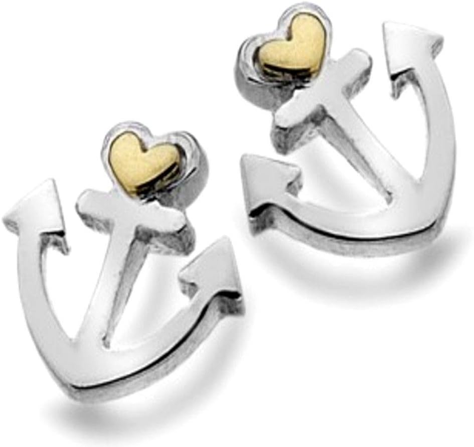 Nautical Theme Sterling Silver Anchor Studs with Gold Heart (8mm x 7mm) (E51)