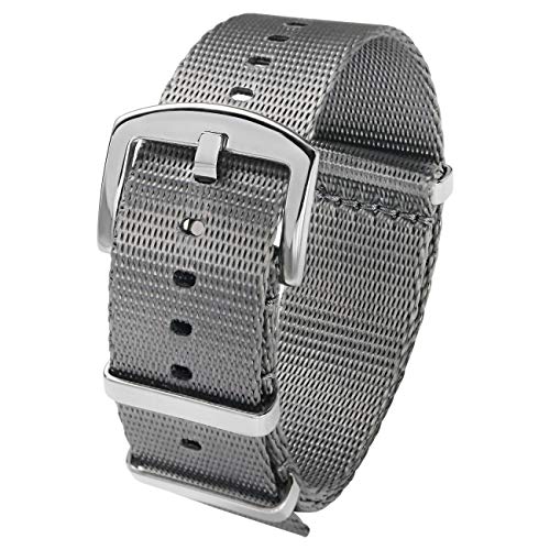 PBCODE Watch Straps NATO Strap 20mm Seat Belt Nylon Watch Bands Grey with Polished Buckle Heavy Duty