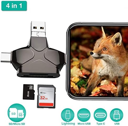 YsinoBear 4 in 1 SD Card Reader, USB 3.0 Micro SD Card Reader Trail Camera Viewer for iPhone iPad MacBook Android, Memory Card Adapter with Lightning OTG Type C, Hunting Game Cam Photo and Video Viewe