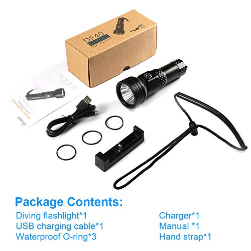 VOLADOR Scuba Diving Flashlight, 4000 Lumen Underwater Dive Light with Power Indication, CREE XHP 70 LED IPX-8 Waterproof Night Dive Torch, Rechargeable 26650 Battery, Charger, Lanyard