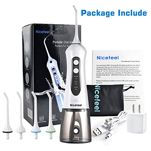 Cordless Water Flosser Oral Irrigator, Nicefeel IPX7 Waterproof Anti-leakage 3-Mode USB Rechargable Professinal Portable Water Dental Flosser with 4 Jet Tips for Braces and Teeth Whitening of Family - Thumbnail 7