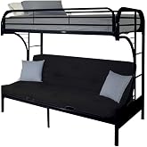 Bowery Hill Twin XL Over Queen Futon Bunk Bed, Black Metal Finish, 65"H x 84"W x 62"D, Convertible Futon, Built-In Ladders, Full-Length Guard Rails, Slat Support, Space-Saving Design for Kids Rooms