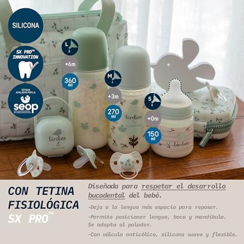 , Conjunto de Biberões para Recém-Nascidos, Pacote de Presente com: 2 x 270 ml Medium Flow + 2 x 150 ml Slow Flow + Chupeta dos 0 aos 6 meses, Tetas de silicone SX Pro, 5 pcs, +0M, Green Birdies