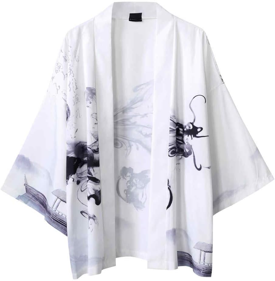 Unisex Chinese Dragon Printed Kimono Cardigan Jacket Shirts Open Front Coat Casual Lightweight Long Length Cape