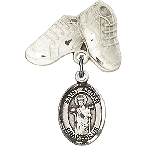 Sterling Silver Baby Badge with St. Aedan of Ferns Charm and Baby Boots Pin 1 X 5/8 inches