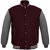Deckra Men's Varsity Jacket Genuine Leather Sleeve and Wool Blend Letterman Boys College Varsity Jackets XXS-5XL