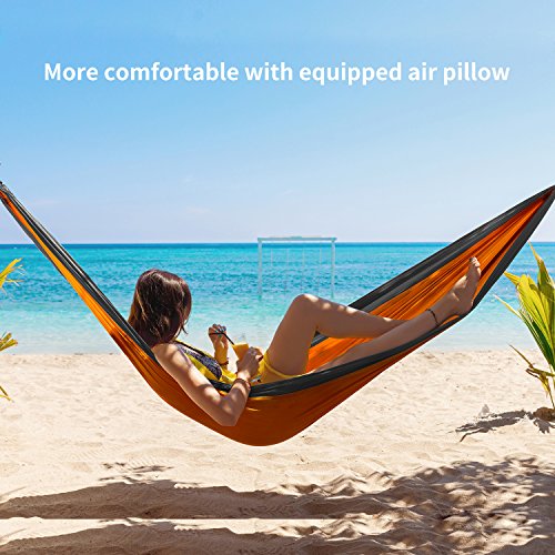 HODGSON Camping Hammock Single & Double Hammock with Heavy Duty 14 Loops Hammock Tree Straps & Air Pillow, Portable Parachute Nylon Hammock for Backpacking, Travel, 118” x 78” (Khaki)