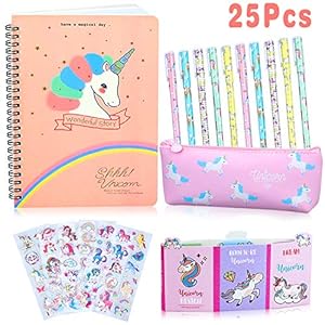 Estuche Unicornio Set de Papelería Bolígrafos y Cuaderno Libreta de Notas, Regalos de Unicornio 25 Piezas