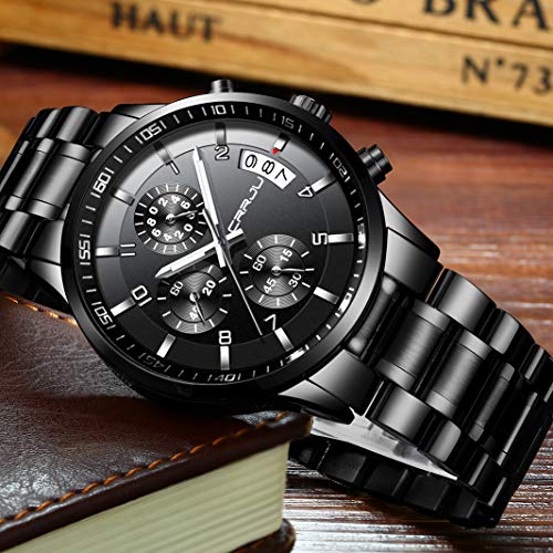 CRRJU Men\'s Watch Six-pin Multifunctional Chronograph Wristwatches,Stainsteel Steel Band Waterproof Watch for Men Black dial