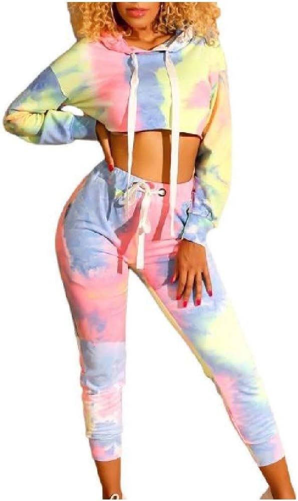 Abetteric Womens Autumn Long-Sleeve Tie Dye Hood Tops Jackets and Sweatpants Sets