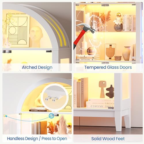 Arched 5-Tier Display Cabinet with RGB Lighting & Motion Sensor, 175 cm Tall Glass DIsplay Case with Doors for Living Room, Bedroom, Home Office, Displaying Books and Decor, White