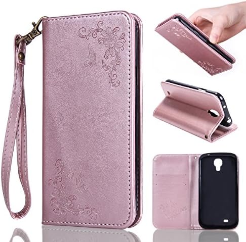 MEIRISHUN Flowers Fashion Rose Flower Slim Flip Folio Cover with Credit Card Holder, kickstand case for Samsung I9190 Galaxy S4 mini - Rose Gold