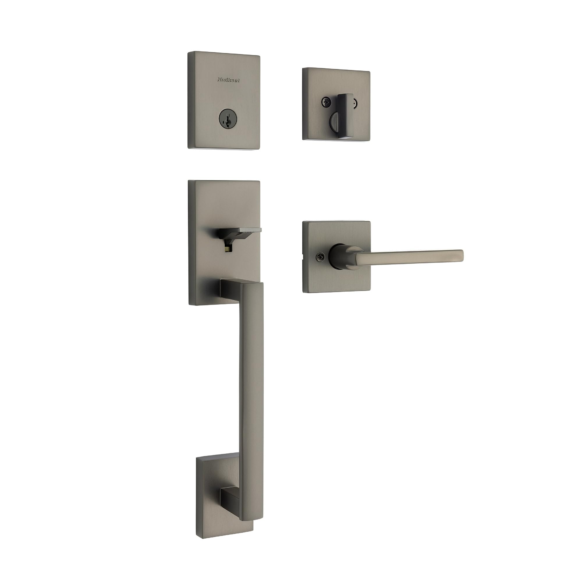 Kwikset San Clemente Front Door Lock Handle and Deadbolt Set, Entry Handleset Exterior with Interior Reversible Lever, Gunmetal, Pick Resistant SmartKey Rekey Deadbolt Security Image