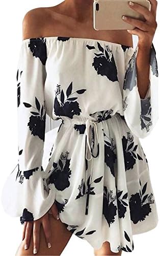 Ouduokiya Women Mini Dress Sexy Flower Print Long Sleeve Off Shoulder Short Dresses