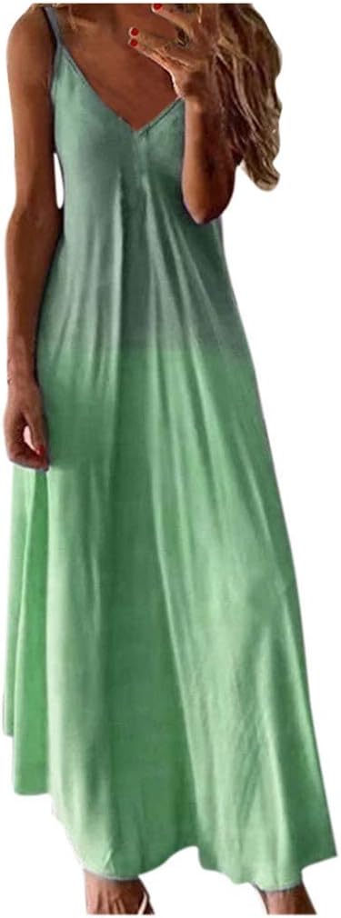 Handyulong Womens Dresses Casual Summer Sundress Sleeveless V-Neck Gradient Color Loose Maxi Long Dress Tunic Tank Dress