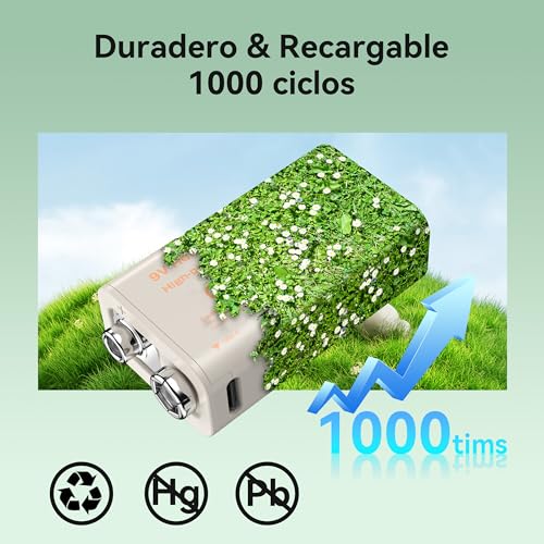 ENEGON 4 Pila 9V 1000 mAh Bateria 9V Recargable para Dispositivos de Precisión como Multímetros Portátiles, Detectores de Humo y Micrófonos, Incluye Cable de Datos Tipo C