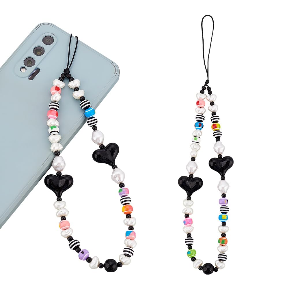 arricraft 2 Pcs Beaded Phone Strap Charm, Colorful Plastic Beads Phone Strap Heart Beaded Chain Moblie Straps Stone Phone String Charms Keychain for Women