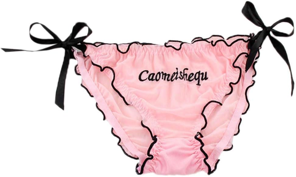 Fendiy Women Sexy Semi-Sheer Mesh Underwear Briefs,Letters Embroidered Side Tie Ribbon Lingerie Thong- Low Waist Ruffles Panties