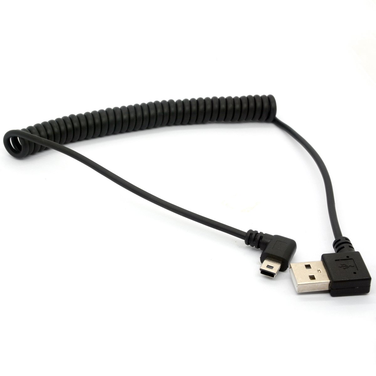 HTGuoji Coiled Mini USB Cable, 90 Degree Spring USB 2.0 to Mini USB Cable Cord, Right Angle Charging and Sygn Mini USB Adapter Lead 1.5meter