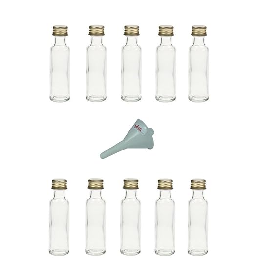 Viva Haushaltswaren - 10 Mini Glasflaschen mit Schraubverschluss / schlanke Form, 20 ml zum Selbstbefüllen inkl. einem Tricht