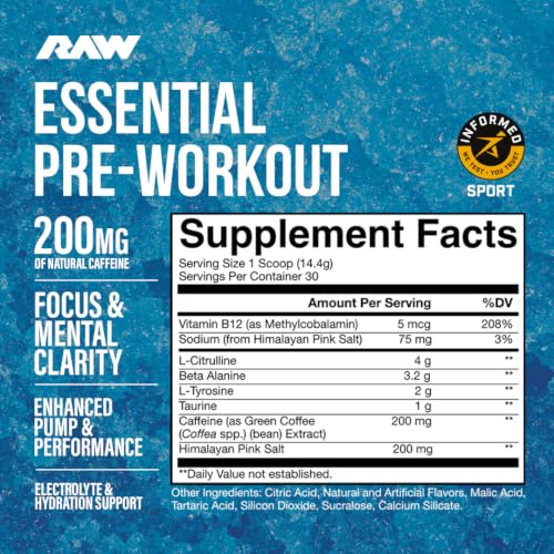 RAW Nutrition - Essential Pre - Chris Bumstead Pre Workout Formula, Sports Nutrition Pre-Workout Powders | Men & Womens Drink, Energy Powder for Working Out (Blue Raspberry)