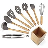 NEXGADGET Premium Silicone Kitchen Utensils 9-Piece Cooking Utensils Set With Bamboo Wood Handles For Nonstick Cookware, Utensils Holder Included