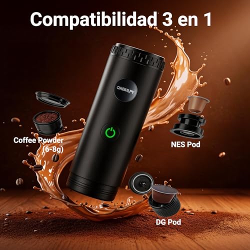 Cafetera Portátil 3 en 1, Presión para un Auténtico Espresso con Crema Espesa, Compatible con Cápsulas Nespresso y Café Molido, Autocalefactable para Viajes, Camping, Oficina y Hogar – Recarga USB-C