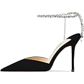 Cokvkuu Women's Heeled Sandals Crystal Chain Ankle Straps Rhinestones Buckle High Heels Stiletto Slip On Wedding Party Satin Dress Shoes 3.9 IN