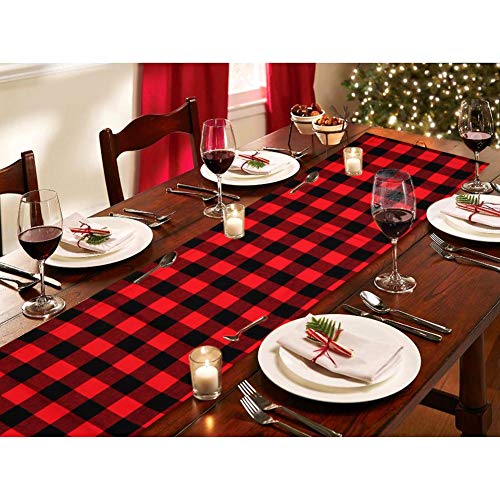 AerWo Buffalo Plaid Christmas Table Runner 14 x 72 Inch，Double Sided