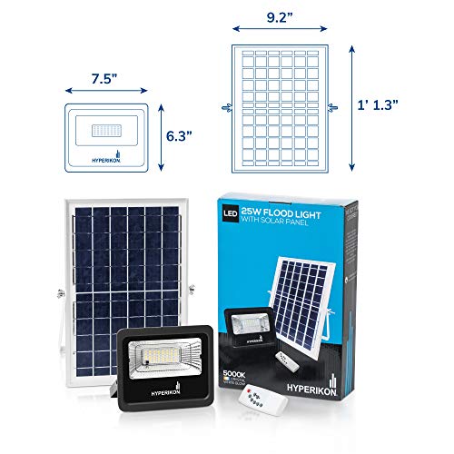 Hyperikon Solar Flood Light LED 25W, Outdoor Security Lighting Fixture, 180 LED Chips 5000k, Remote Control Street Lights, Dusk-to-Dawn Light Sensor, Waterproof IP65, ETL