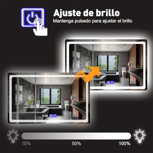 Espejo para Baño con luz LED,Espejo de 40x60cm,para tocador(Square 40*60cm) | Iluminación ajustable de 3 colores, eliminación de niebla, visualización de temperatura de tiempo.