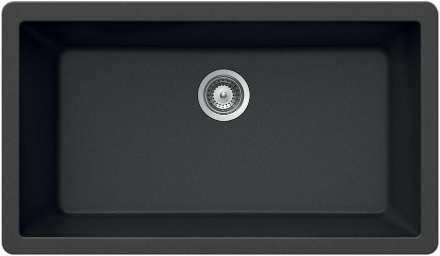 Houzer V-100U MIDNITE Quartztone Series Granite Undermount Large Single Bowl Kitchen Sink, Black