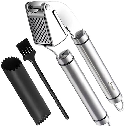 Suya Garlic Press - Easy Clean Dishwaher Safe LFGB Approved Professional Garlic Crusher Squeezer Chopper with Peeler and Cleaning Brush for Bakeware, Kitchen, Chef, Gift